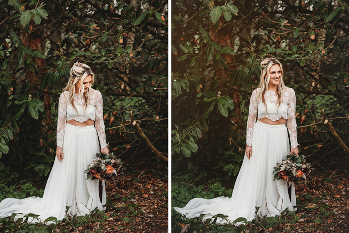 Bride standing outside holding bouquet