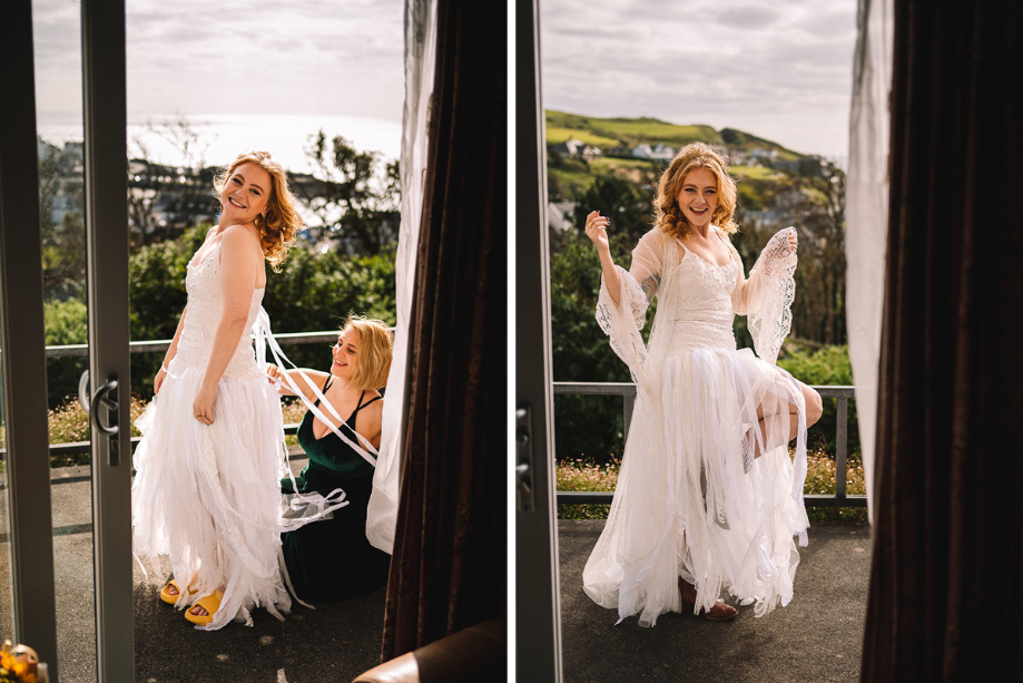 A Bride On A Balcony Wearing A Raw Rags Etsy Wedding Dress