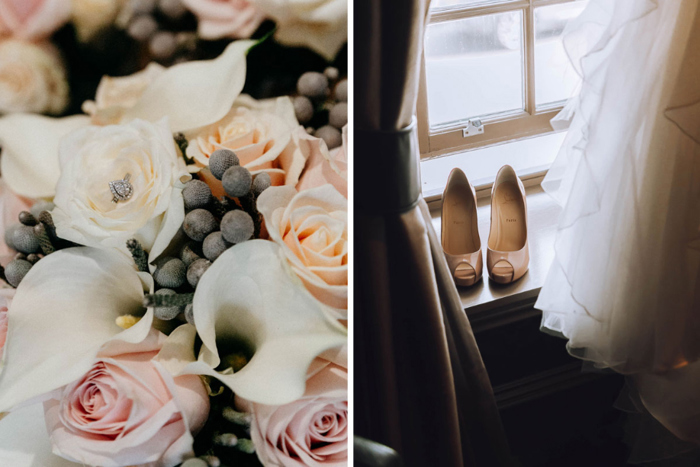 A Close Up Of A Brides Bouquet And A Pair Of Louboutins