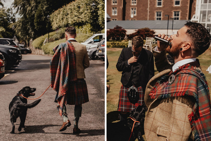 Groom walks dog and takes drink from hipflask