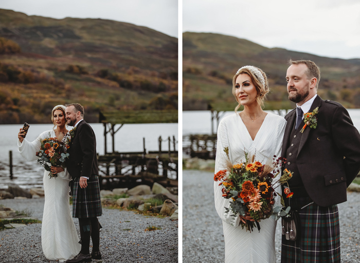 a bride and groom posing for wedding photos at Loch Tay Highland Lodges