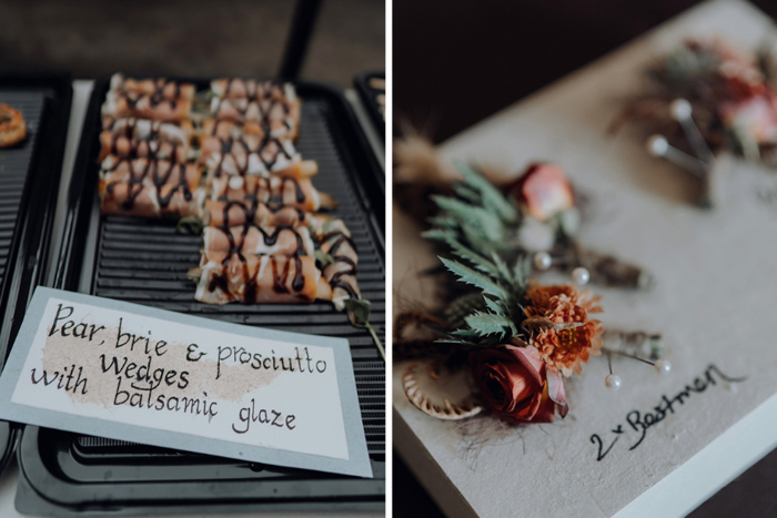 One image showing food and one showing groom's buttonholes