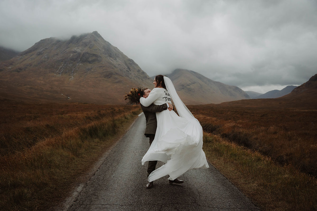 Bride and groom Glencoe mountain wedding portrait