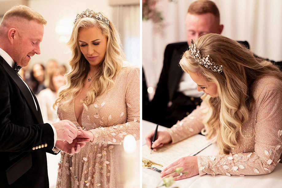 a bride and groom at the Torrance Hotel during a wedding ceremony