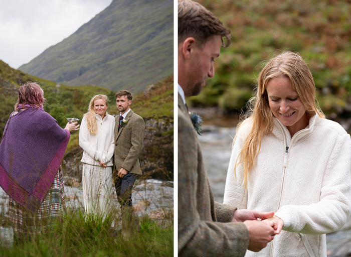 a celebrant performing a wedding ceremony and holding a silver quaich in front of a bride and groom in Glencoe on left. A groom placing a ring on a bride's hand on right. She is wearing a cream fleece and there is a river and a heather covered hill in the background