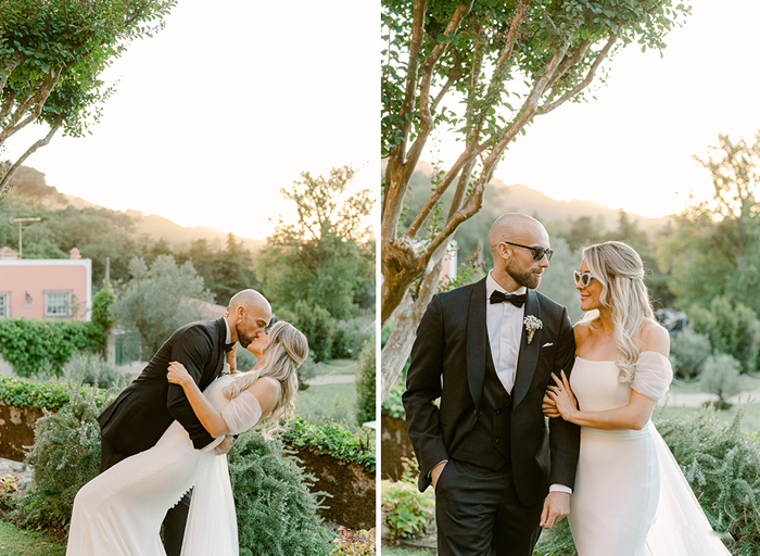 a bride and groom kissing in a garden setting on left. A bride and groom wearing sunglasses look at each other and walk romantically in a garden