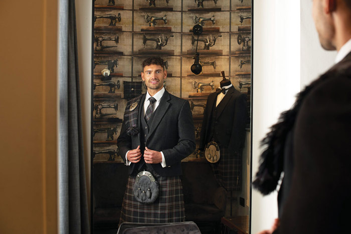 Model wearing highlandwear from MacGregor and MacDuff