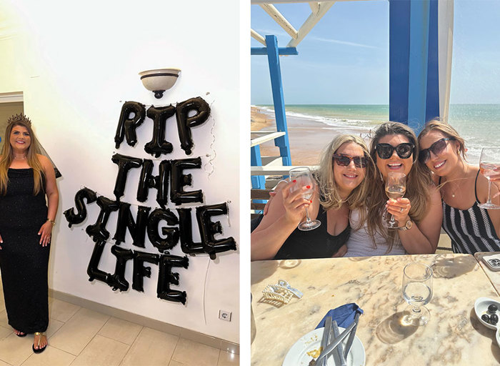 woman wearing black dress with 'RIP the single life balloons' and three women sitting at table with wine glasses