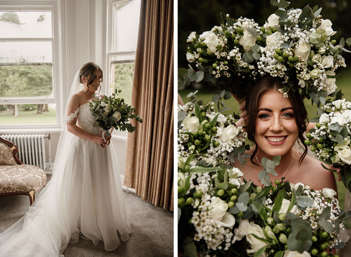 on the left a bride stands next to a window holding her bouquet and smiling, on the right there is a close up of the bride's face surrounded by white flowers and green foliage