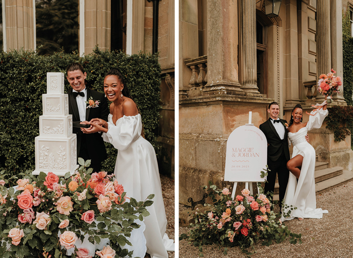 Bride and groom cut into their four-tier cubic wedding cake as they laugh and pose together