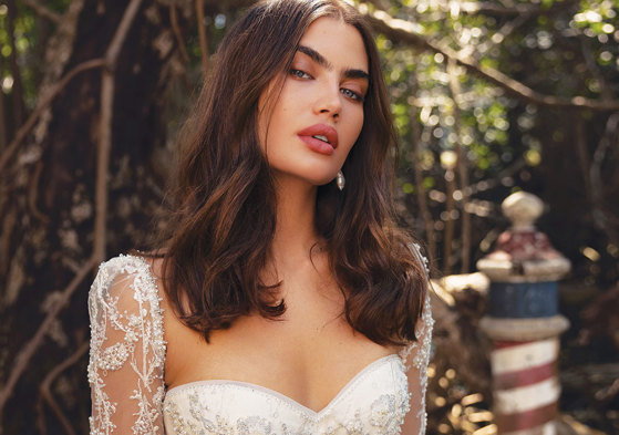 close up image of a model wearing a bridal gown