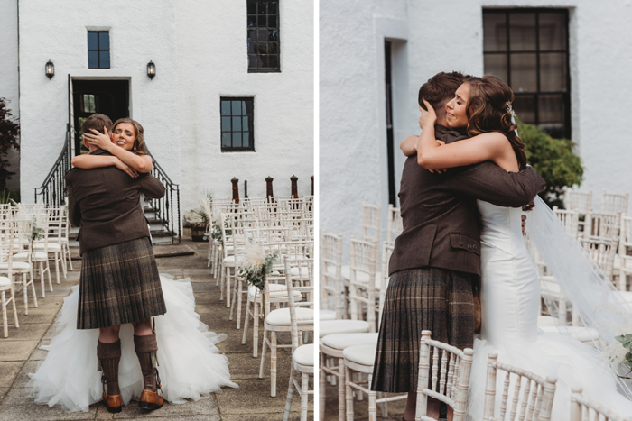 Bride and groom hug during first look