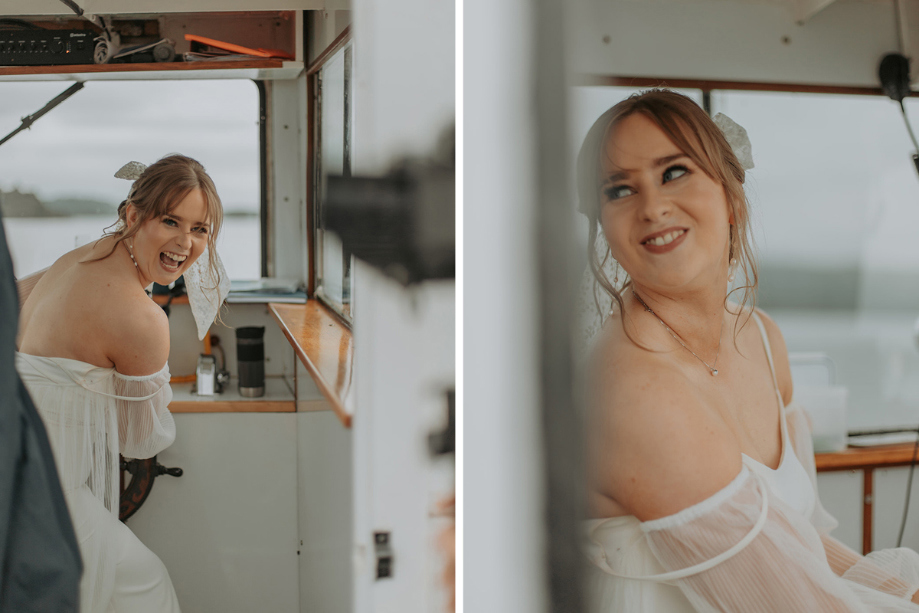 Bride steering boat they chartered 