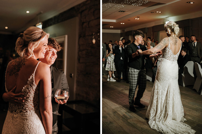 Brides smile for the camera in one picture and take to the dance floor in the other