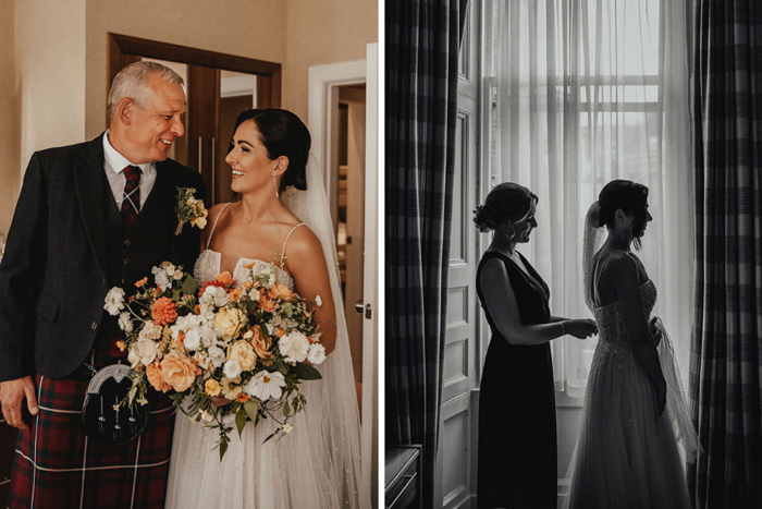 Bride with father and image of bride being helped with wedding dress by bridesmaid