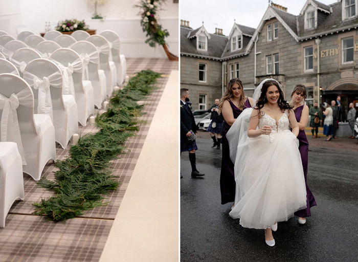 rows of chairs with tie backs and garland of fern leaves on floor for a wedding ceremony at Nethybridge Hotel on left. A bride walking with champagne glass outside Nethybridge Hotel on right. Two bridesmaids wearing purple lift her skirt from the ground. There are wedding guests in the background.