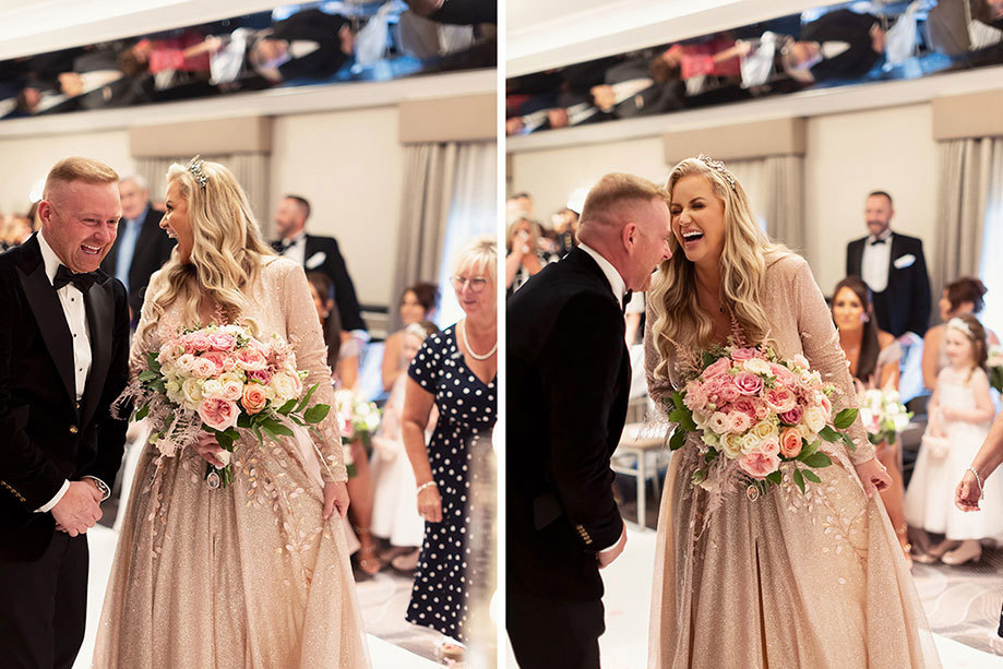 bride and groom laughing at the Torrance Hotel wedding