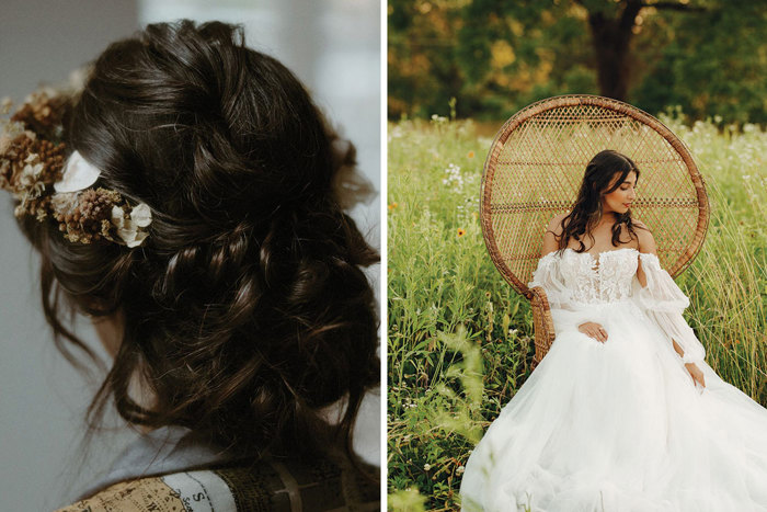 A boho look by Samantha Farrow Hairstylist and model wearing boho A-line wedding dress with off-the-shoulder sleeves by Stella York