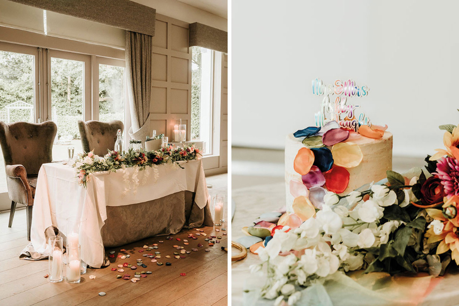 Top table setting and image of colourful wedding cake