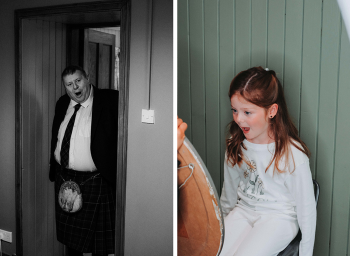 a man in a suit looking surprised as he enters a doorway on left. A young girl looks surprised as she looks in a mirror on right