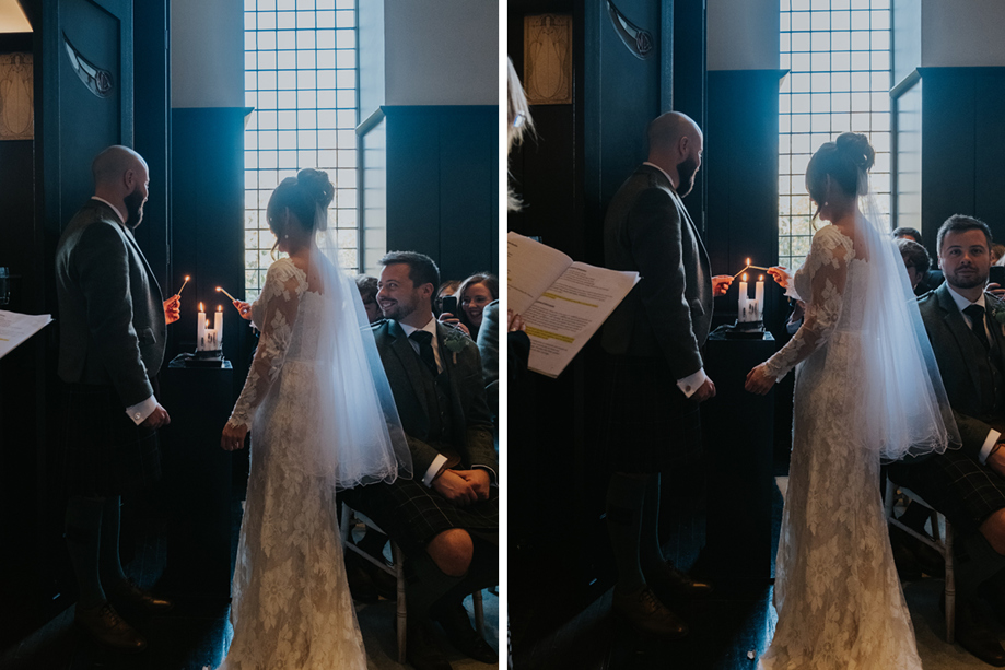 Couple light candles during wedding ceremony