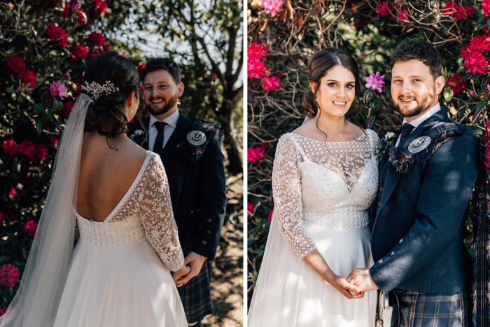 Bride And Groom Portrait near bushes with colourful flowers At Lochgreen By Tandem Photo