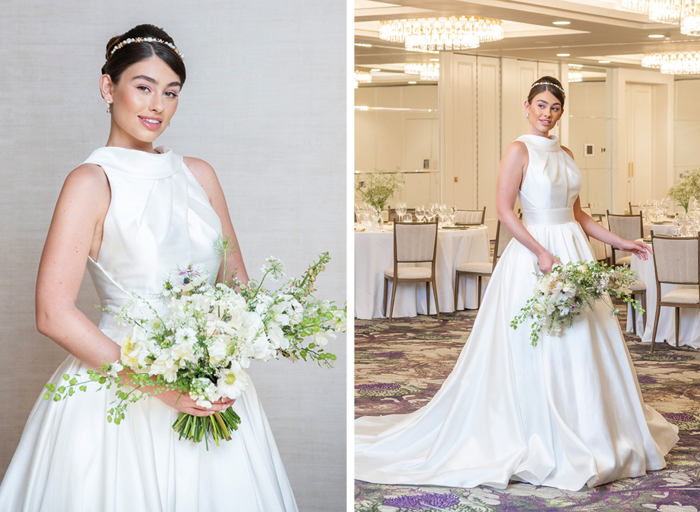 A bride with her hair in an up-do with a sparkly headband wearing a high-neck wedding dress and holding a white bouquet