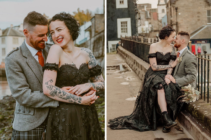 Bride and groom smile happily during couple shoot