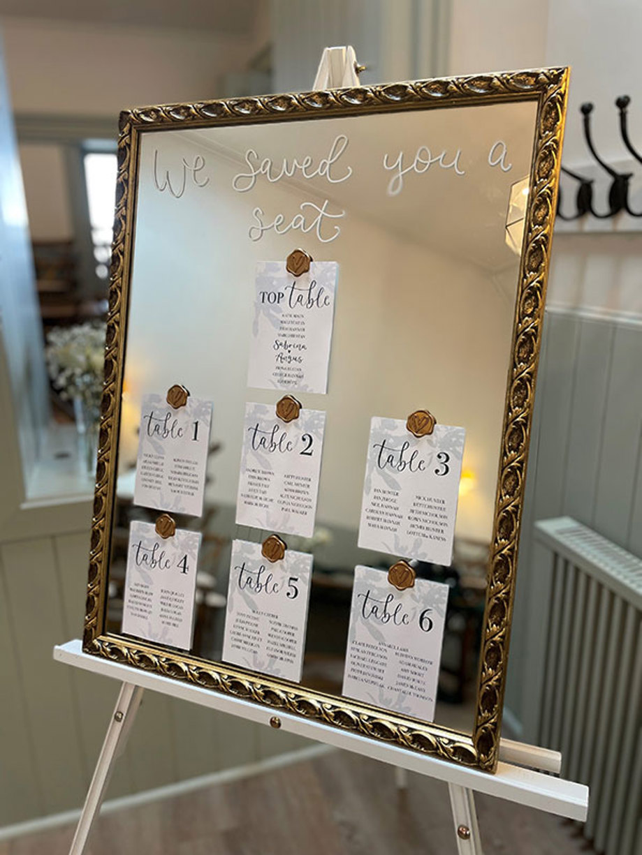 table plan written out on a mirror propped up on an easel