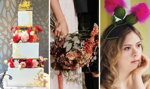 A wedding cake, orange bouquet of flowers and a thistle-inspired headpiece worn by a blonde woman