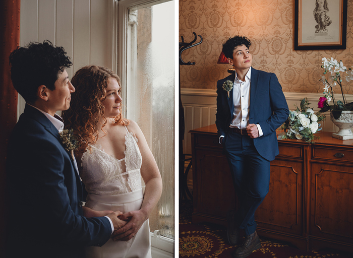 On the left a couple hold hands and look out of a window, on the right a woman in a blue suit leans against a dresser