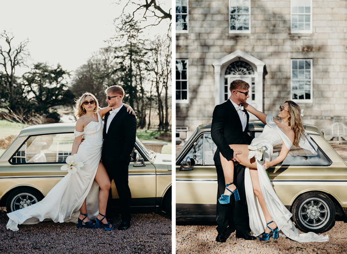 a bride and groom posing with a vintage gold car outside exterior of House of Elrick