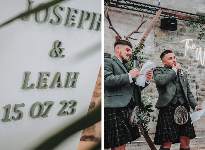 a close up of a green wooden letter wedding sign on left. two men in kilts standing holding sheets of paper against a stone wall on right