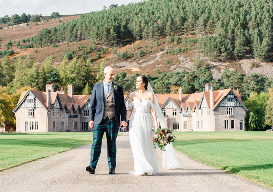 Outdoor couple portraits outside Mar Lodge