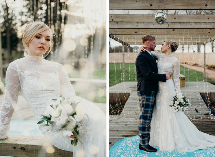 a bride wearing high neck lace dress and holding a white bouquet of flowers posing outside sitting on a wooden bench on left. A bride hugging a groom while standing under a wooden pergola with fairylights and disco ball