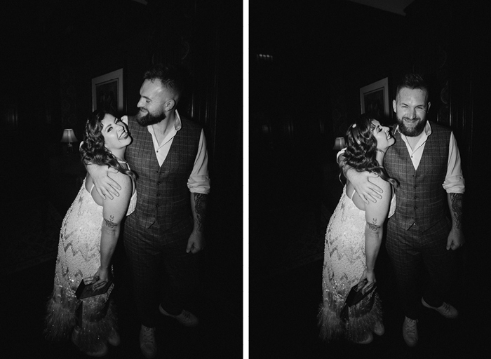 black and white photos of a couple in formal clothes hugging