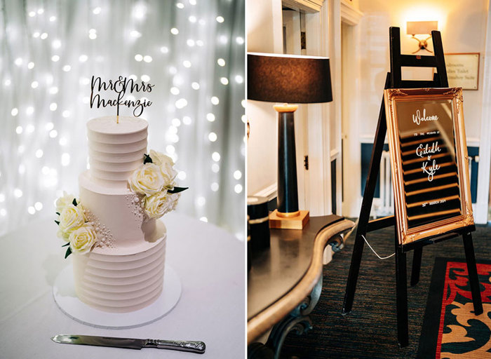 a buttercream wedding cake on left. A gold framed wedding welcome sign on an easel on right in a room.