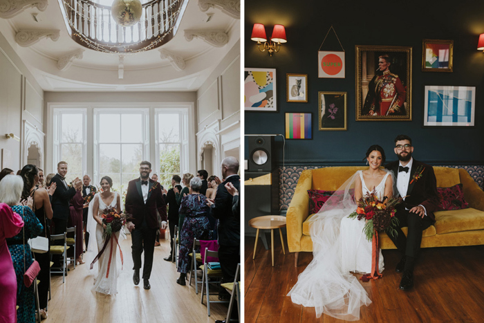 Bride And Groom Walking Back Up Aisle At Netherbyres House And Posing On Mustard Velvet Sofa