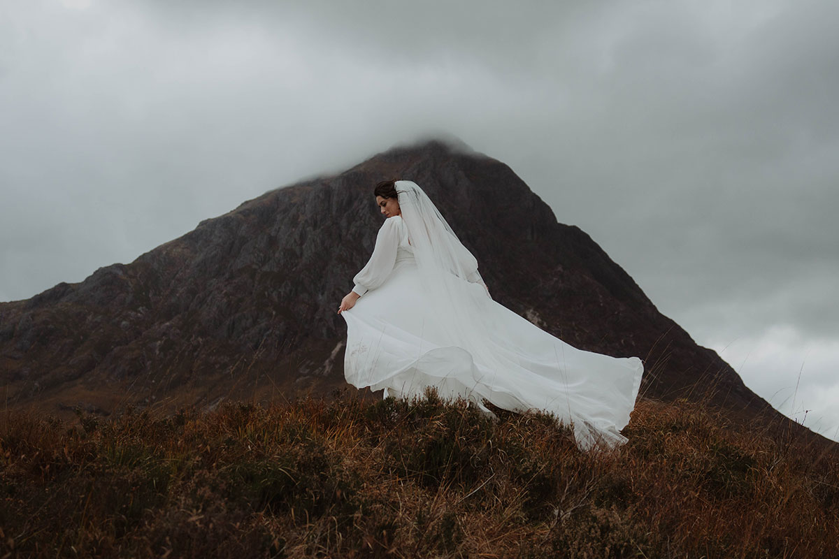 a bride and a misty mountain in Glencoe