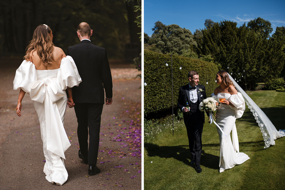 On left is bride and groom walking away holding hands and on right is groom holding a drink, walking and talking with bride holding bouquet and a drink