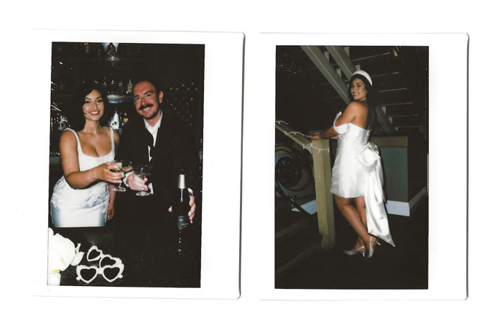 Two polaroid images featuring bride and groom