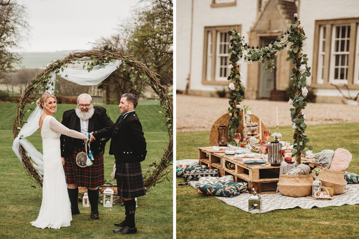 Bride and groom during hand fasting ceremony and outdoor table set up