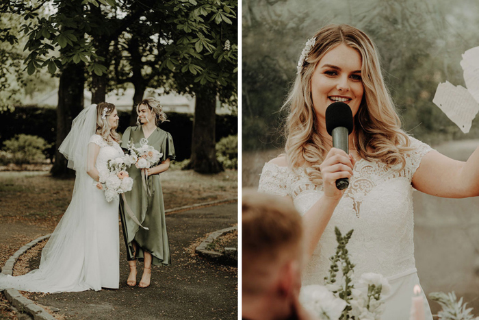 Bride and bridesmaid and bride making a wedding speech