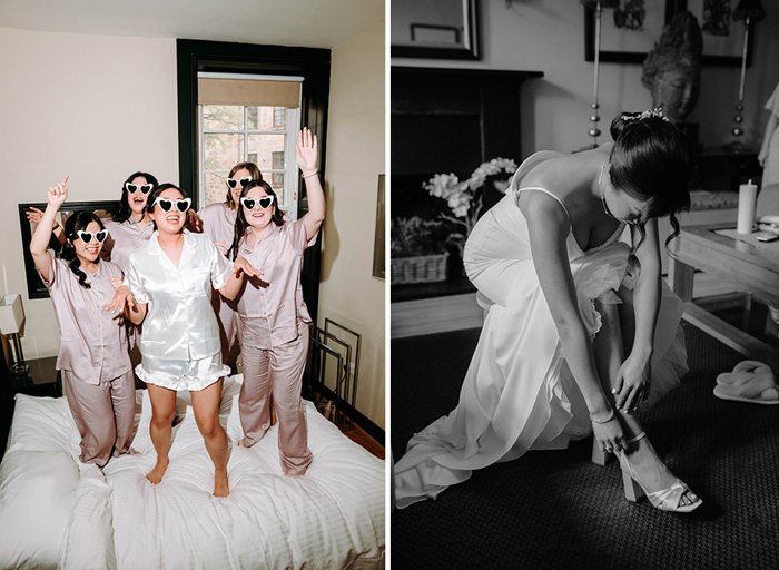 a person wearing ivory short pyjamas with four people wearing lilac pyjamas jumping on a bed on left. They are all wearing heart shaped sunglasses. A bride bending over to fasten her shoe on right