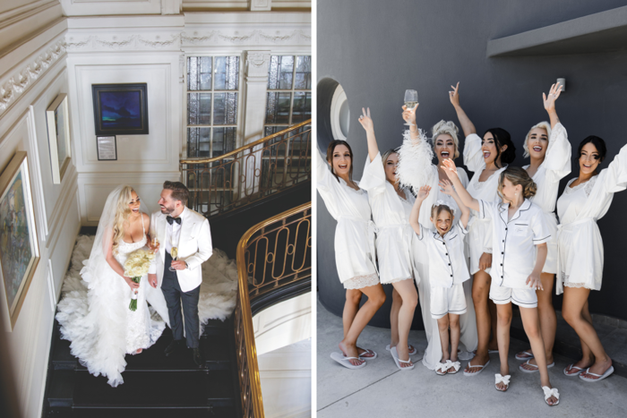 bride and groom coming downstairs smiling at each other, bride and bridesmaids smiling outside with shorts and robes on