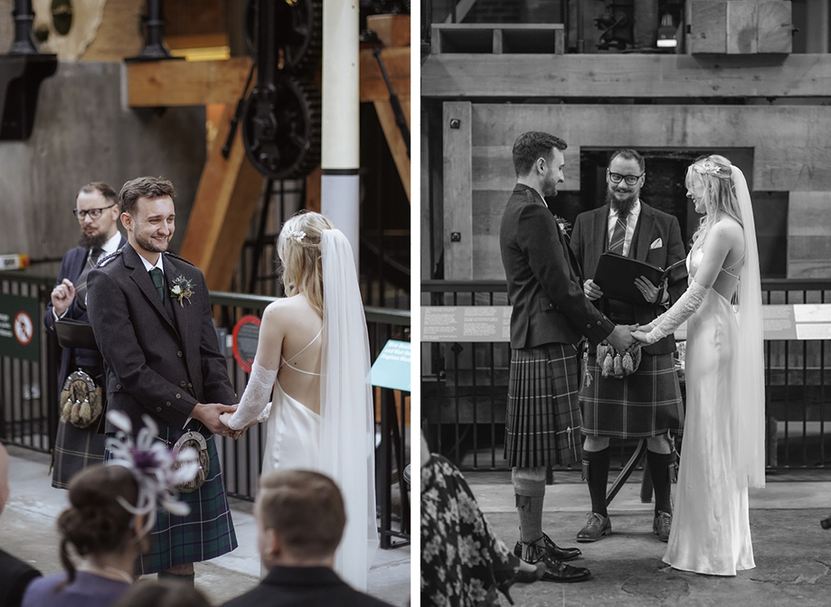 a bride and smiling groom holding hands during a wedding ceremony at Verdant Works on left and right with celebrant Paul Browett looking on 