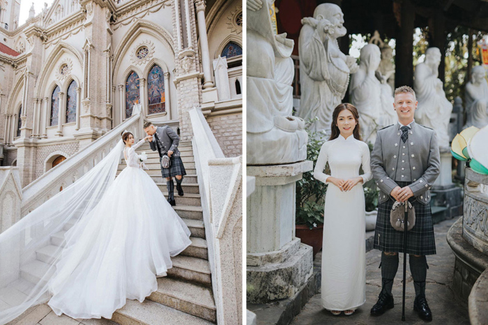 a bride with a long train draped down a staircase stands in front of a groom on left and a bride and groom stand next to each other on right