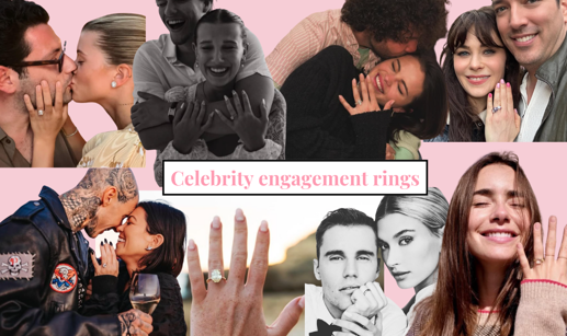 collage of celebrities including kourtney kardashian, lily collins and sofia richie, showing their engagement rings