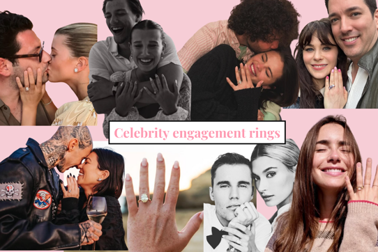 collage of celebrities including kourtney kardashian, lily collins and sofia richie, showing their engagement rings