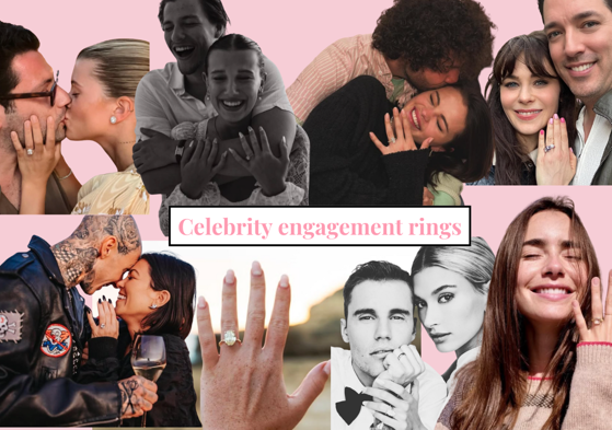 collage of celebrities including kourtney kardashian, lily collins and sofia richie, showing their engagement rings